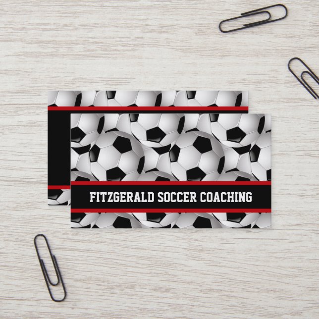 Personalized Soccer Ball Pattern Black Red White Business Card (Front/Back In Situ)