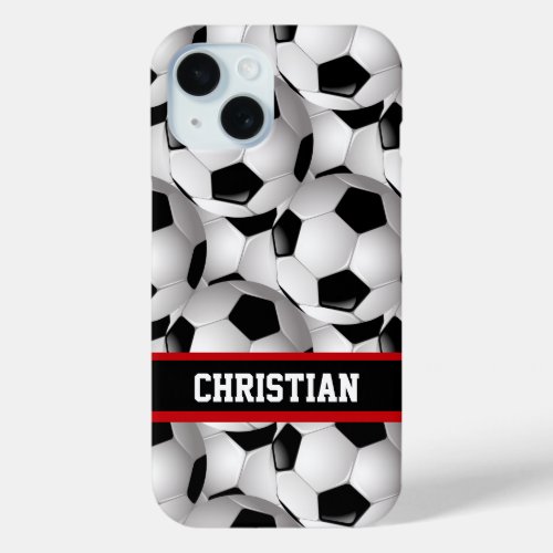 Personalized Soccer Ball Pattern Black Red White iPhone 15 Case