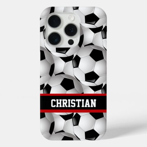 Personalized Soccer Ball Pattern Black Red White iPhone 15 Pro Case
