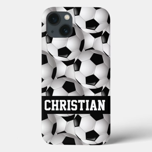 Personalized Soccer Ball Pattern Black White iPhone 13 Case
