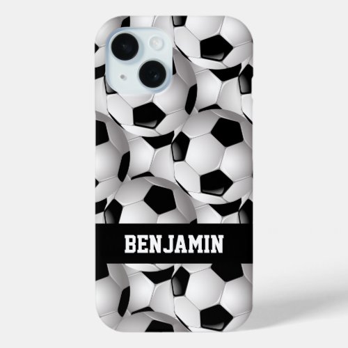 Personalized Soccer Ball Pattern Black White iPhone 15 Case