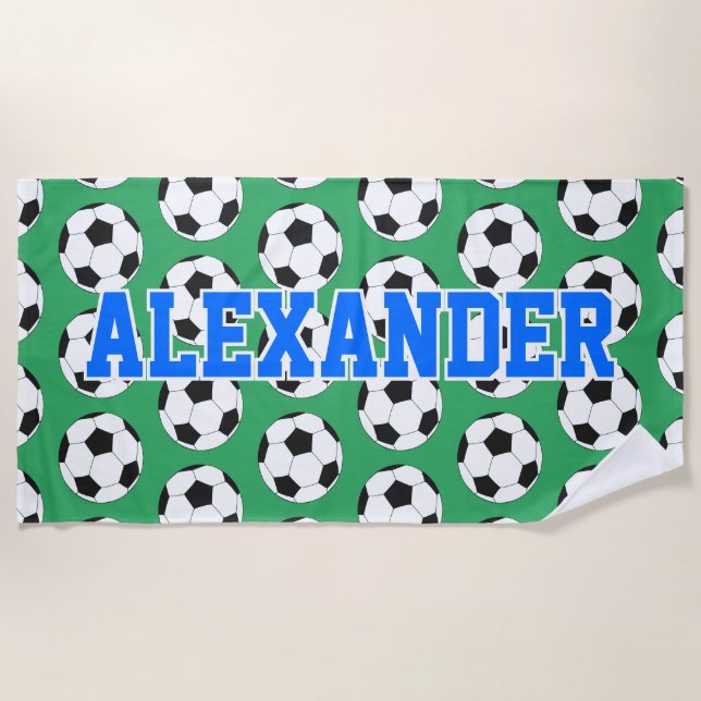 Personalized Soccer Ball Pattern Green Beach Towel (Front)