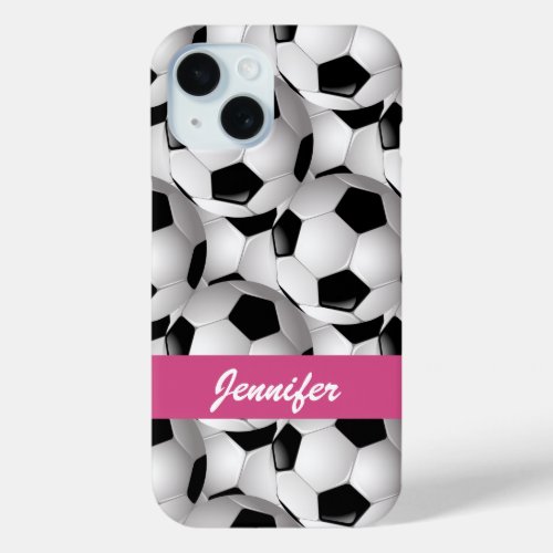 Personalized Soccer Ball Pattern Pink iPhone 15 Case