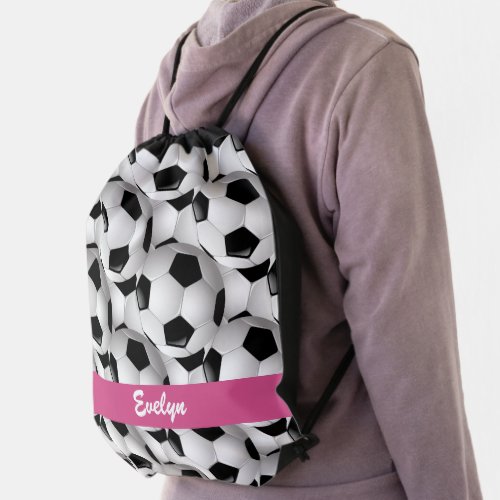 Personalized Soccer Ball Pattern Pink Drawstring Bag