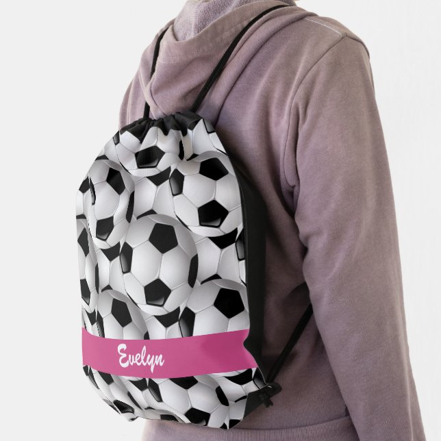 Personalized Soccer Ball Pattern Pink Drawstring Bag (Insitu)