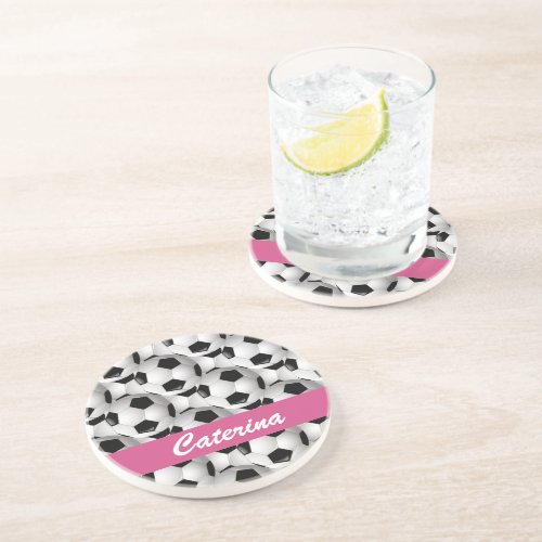 Personalized Soccer Ball Pattern Pink Drink Coaster