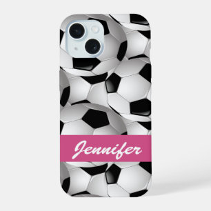 Personalized Soccer Ball Pattern Pink iPhone 15 Case