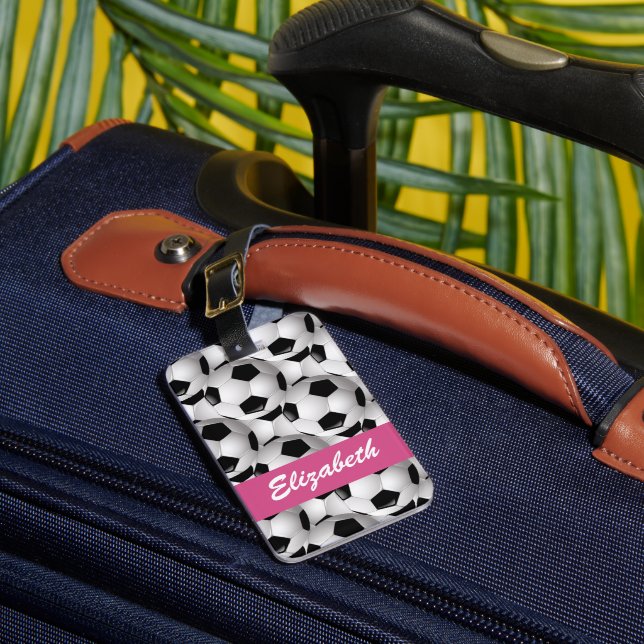 Personalized Soccer Ball Pattern Pink Luggage Tag (Front Insitu 1)