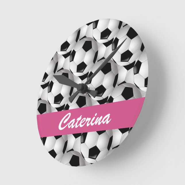 Personalized Soccer Ball Pattern Pink Round Clock (Angle)
