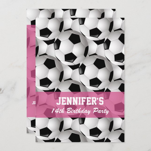 Personalized Soccer Ball Pattern v2 Pink Birthday Invitation (Front/Back)