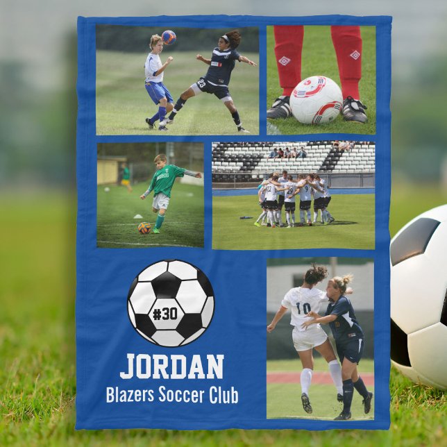 Personalized Soccer Ball Photo Collage Name # Team Fleece Blanket (Creator Uploaded)