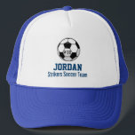 Personalized Soccer Ball with Team Name and Number Trucker Hat<br><div class="desc">This personalized soccer ball design features a black and white soccer ball and lines of text to customize - your player or coach's name, jersey number, team name, etc. You can also change the background color to match your team color - just click on "customize" and then the small eye...</div>