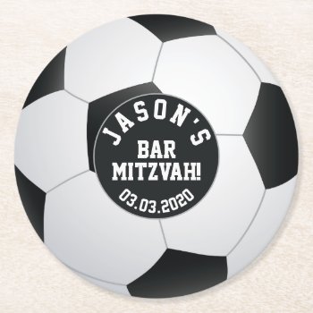 Personalized Soccer Bar Mitzvah Black White Round Paper Coaster by wasootch at Zazzle