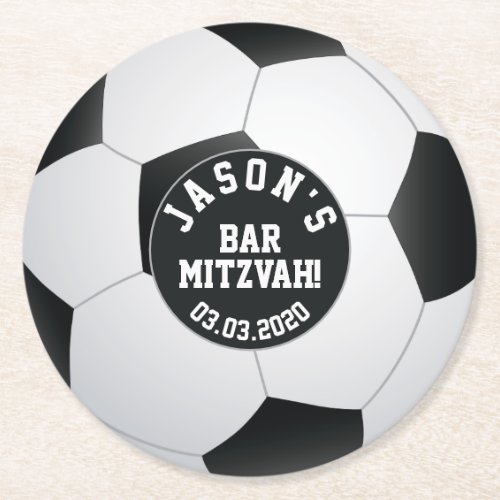 Personalized Soccer Bar Mitzvah Black White Round Paper Coaster