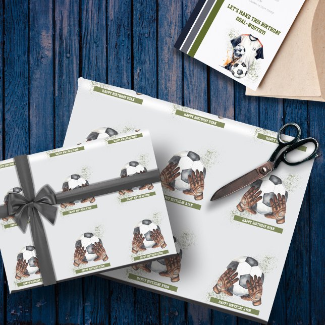 Personalized Soccer Birthday Gift for Kids Wrapping Paper (Green Blue Soccer Birthday Party White Background)