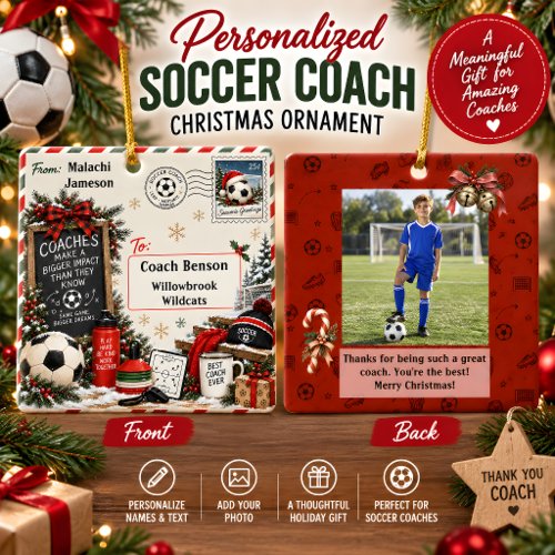 Personalized Soccer Coach Christmas Postcard Ceramic Ornament