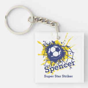 Personalized soccer defensive boy blue team keychain