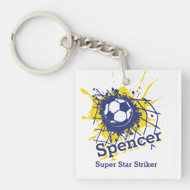 Personalized soccer defensive boy blue team keychain (Front)