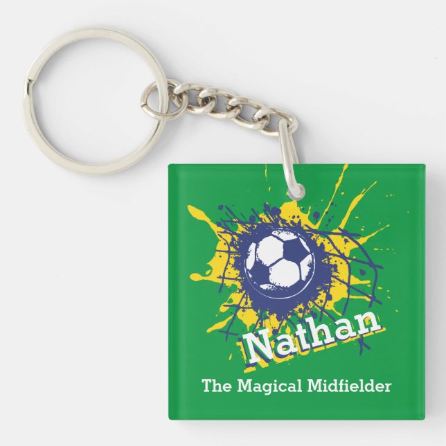 Personalized soccer defensive boy green team keychain (Front)