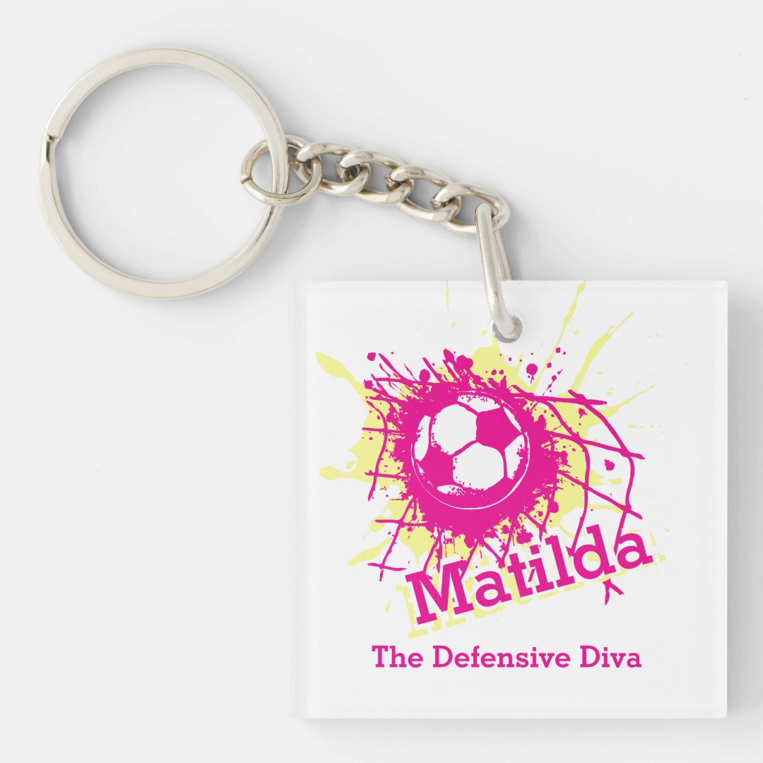 Personalized soccer defensive girls pink team keychain | Zazzle