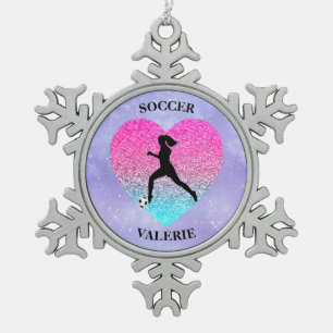 Personalized Soccer Girl Heart Snowflake Pewter Christmas Ornament