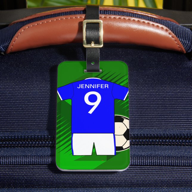 Personalized Soccer Jersey Blue and White Luggage Tag (Front Insitu 2)