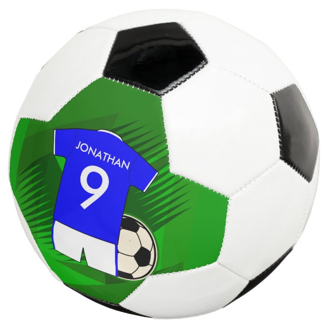 Personalized Soccer Jersey Blue and White Soccer Ball (Three Quarter)