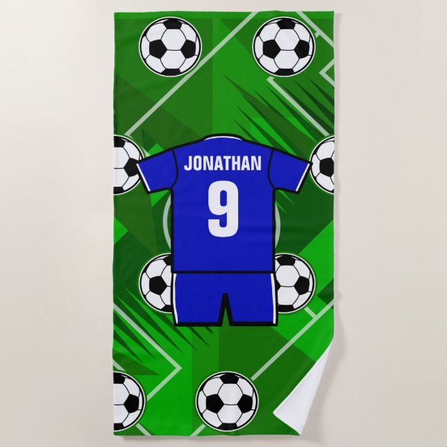 Personalized Soccer Jersey Blue with White Beach Towel (Front)