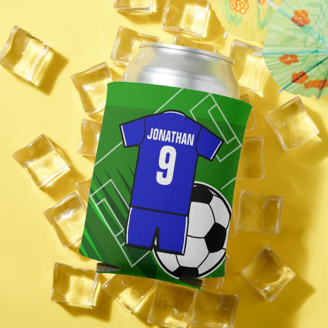 Personalized Soccer Jersey Blue with White Can Cooler (In Situ Summer)