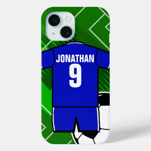 Personalized Soccer Jersey Blue with White iPhone 15 Case