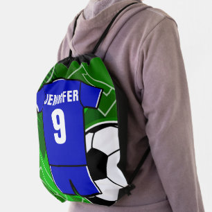 Personalized Soccer Jersey Blue with White Drawstring Bag