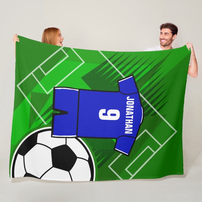 Personalized Soccer Jersey Blue with White Fleece Blanket (In Situ)
