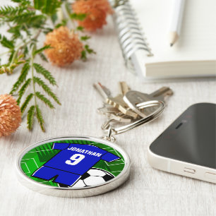 Personalized Soccer Jersey Blue with White Keychain