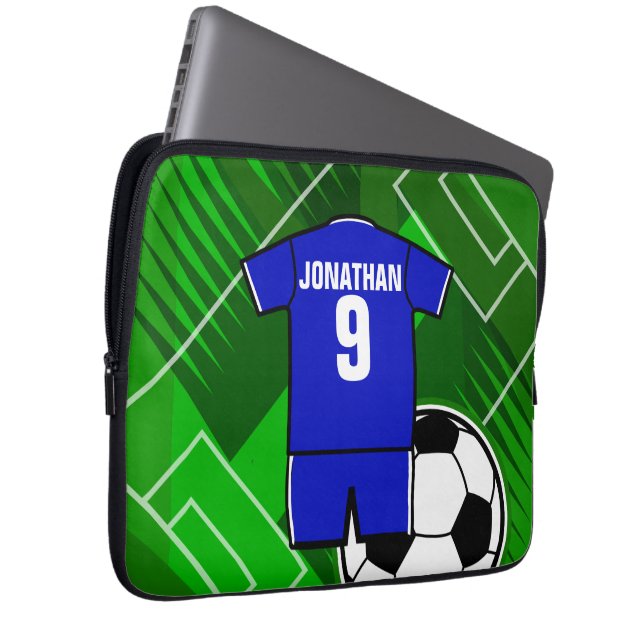 Personalized Soccer Jersey Blue with White Laptop Sleeve (Front Right)
