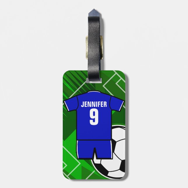 Personalized Soccer Jersey Blue with White Luggage Tag (Back Vertical)