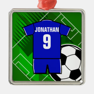 Personalized Soccer Jersey Blue with White Metal Ornament