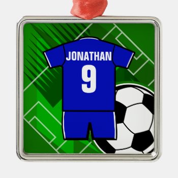 Personalized Soccer Jersey Blue With White Metal Ornament by giftsbonanza at Zazzle