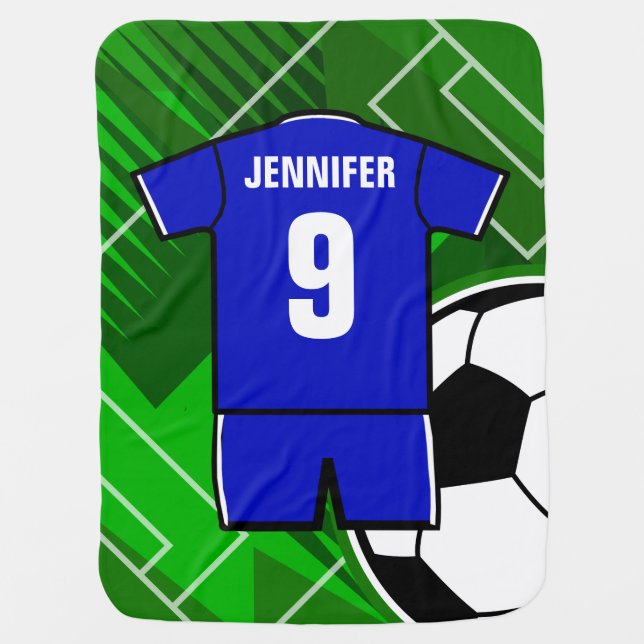 Personalized Soccer Jersey Blue with White Stroller Blanket (Front)