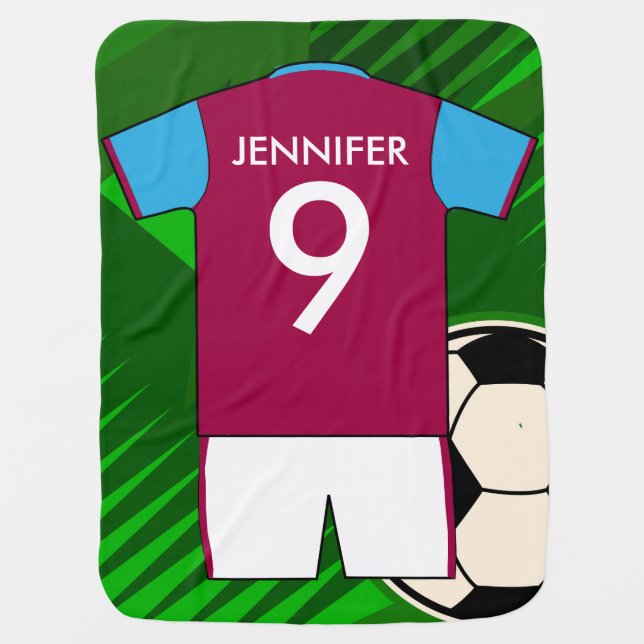 Personalized Soccer Jersey Claret and Blue Swaddle Blanket (Front)