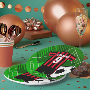 Personalized Soccer Jersey Red and Black Stripes Paper Plates