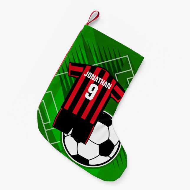 Personalized Soccer Jersey Red and Black Stripes Small Christmas Stocking (Front (Hanging))
