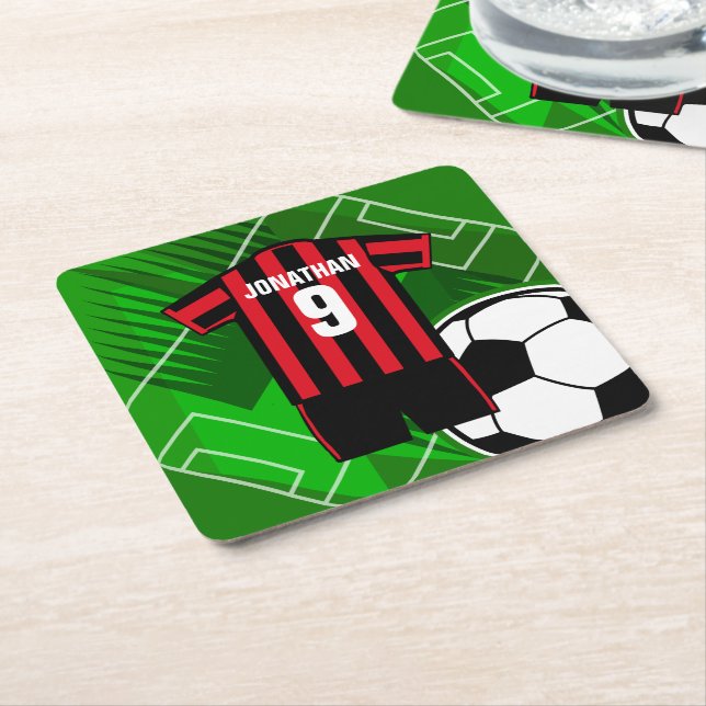 Personalized Soccer Jersey Red and Black Stripes Square Paper Coaster (Angled)