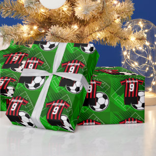 Personalized Soccer Jersey Red and Black Stripes Wrapping Paper