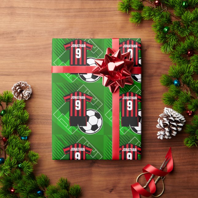 Personalized Soccer Jersey Red and Black Stripes Wrapping Paper (Holiday Gift)