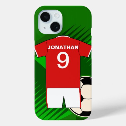 Personalized Soccer Jersey Red and White iPhone 15 Case
