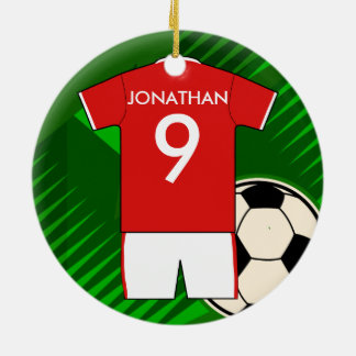 Personalized Soccer Jersey Red and White Ceramic Ornament