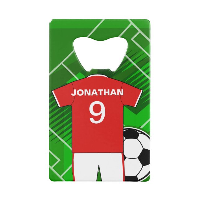 Personalized Soccer Jersey Red and White Credit Card Bottle Opener (Front)