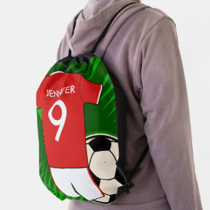 Personalized Soccer Jersey Red and White Drawstring Bag