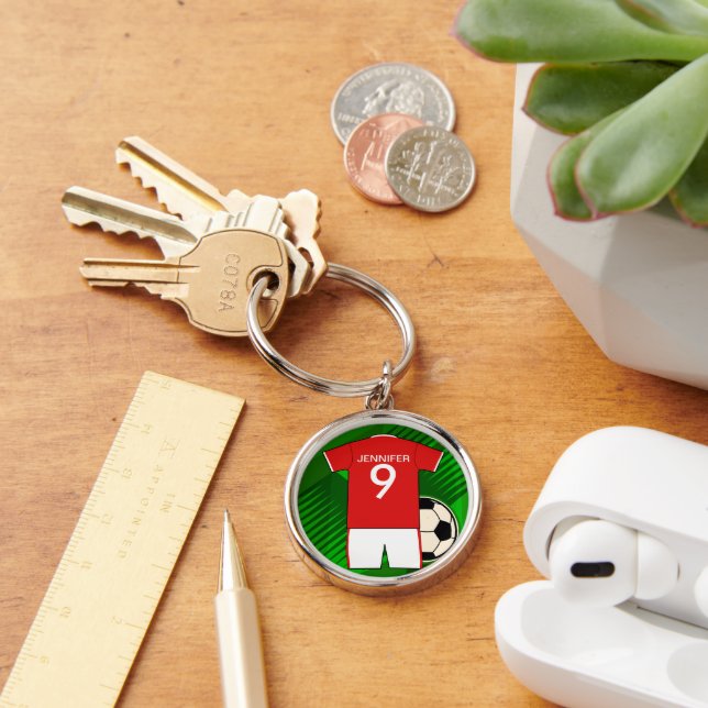 Personalized Soccer Jersey Red and White Keychain (Desk)