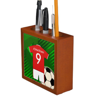 Personalized Soccer Jersey Red and White Pencil Holder